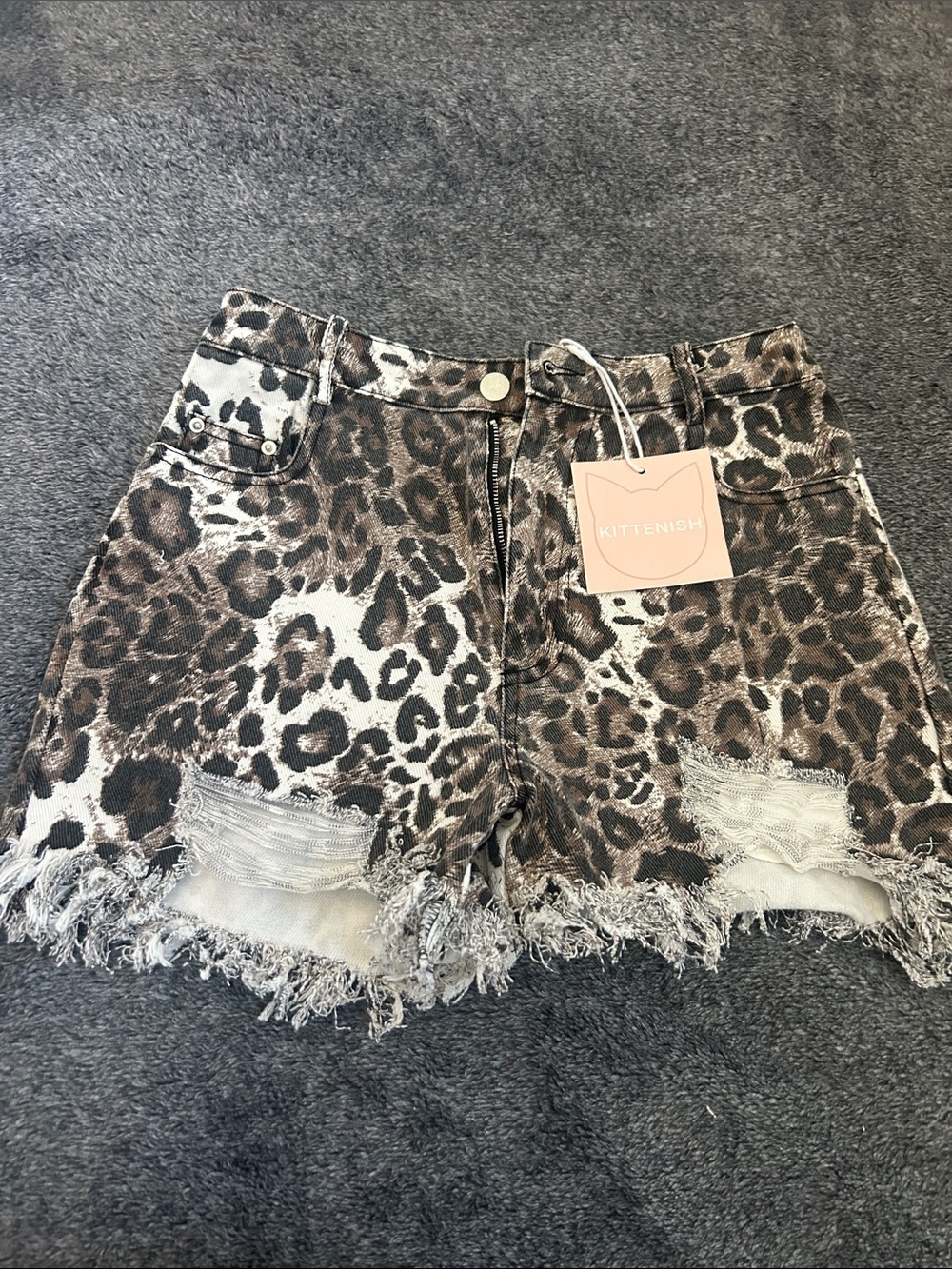 Kittenish Leopard Print Frayed Denim Shorts in Brown and Cream